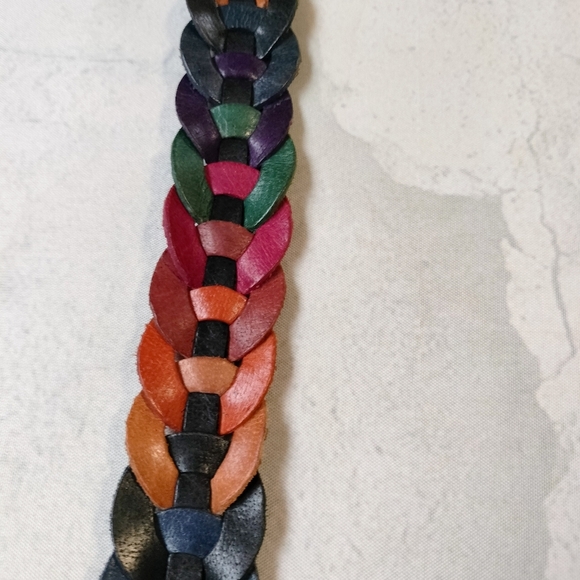 Multicolor Braided Genuine Leather Belt Black Buckle Adjustable - Picture 6 of 11